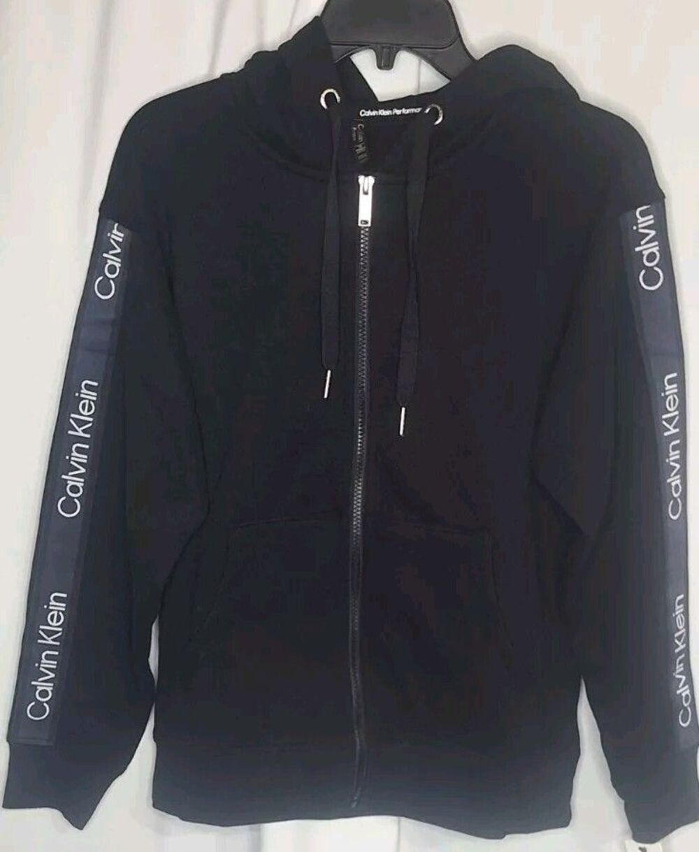 Calvin Klein Performance Womens Full Zip Hoodie S Black Logo Tape Sleeve Jacket